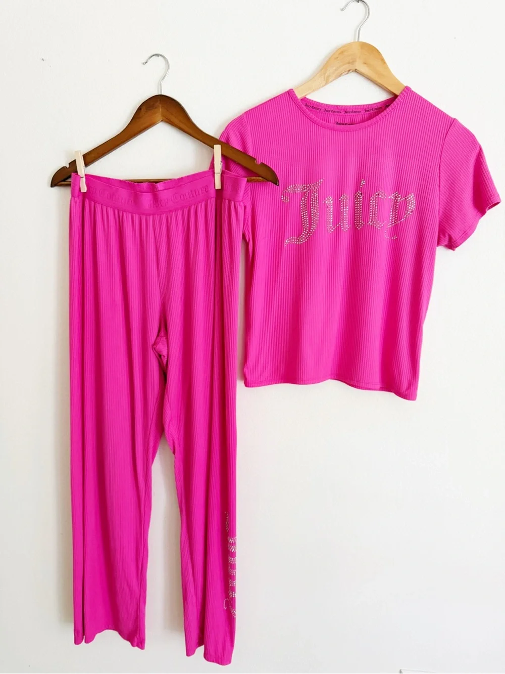Juicy Couture Bright Pink Ribbed Two-Piece Sleep Set with Jeweled Logo large